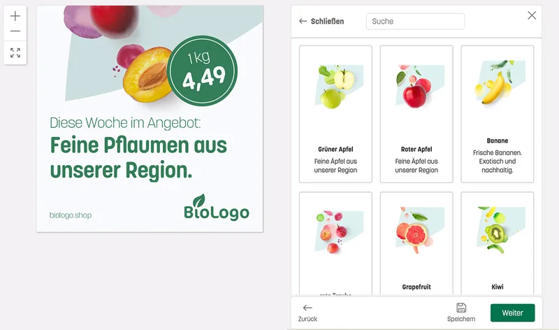 Angebots-Post im Editor: Produktbild wird aus einer Bildauswahl mit Obstsorten gewählt