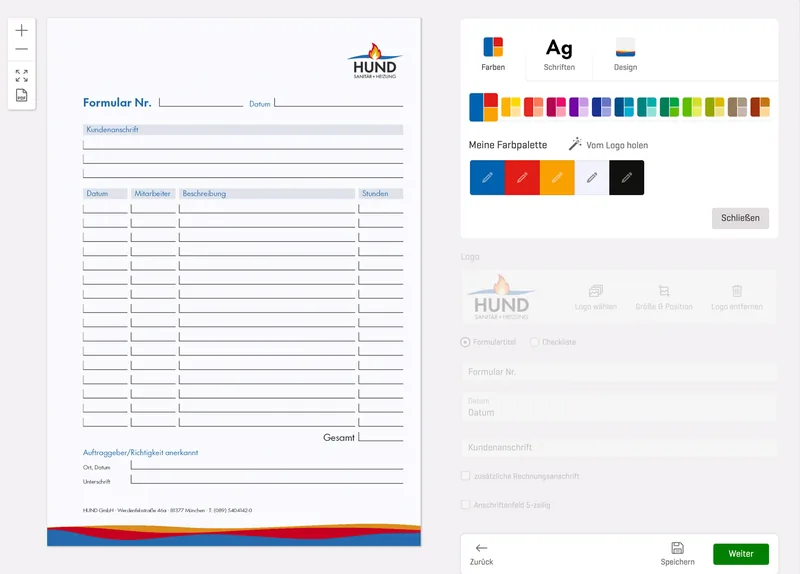 Formular im Editor mit Farbpalette, die aus dem Kundenlogo übernommen wurde