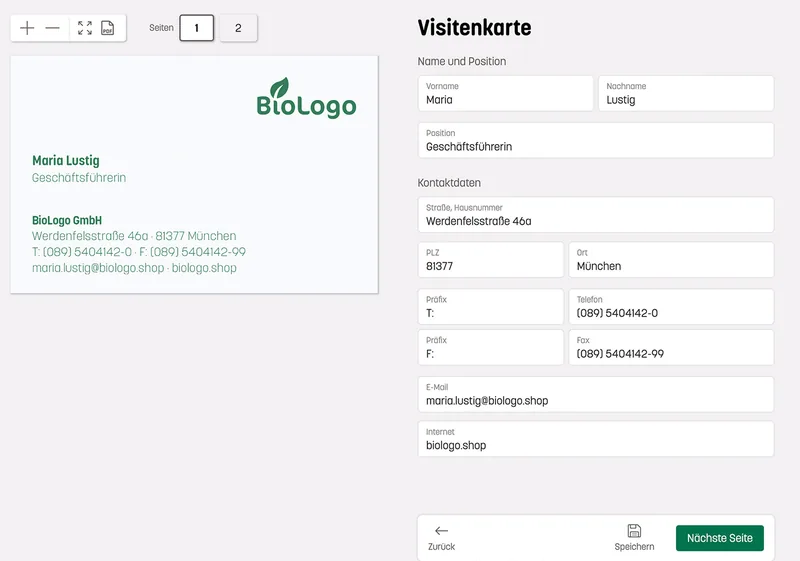 Visitenkarte im Editor: links die Live-Vorschau, rechts Formularfelder für Name, Position und Kontaktdaten
