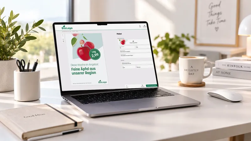 Laptop mit geöffnetem Visiflex-Editor: ein Plakat wird über Formularfelder gestaltet