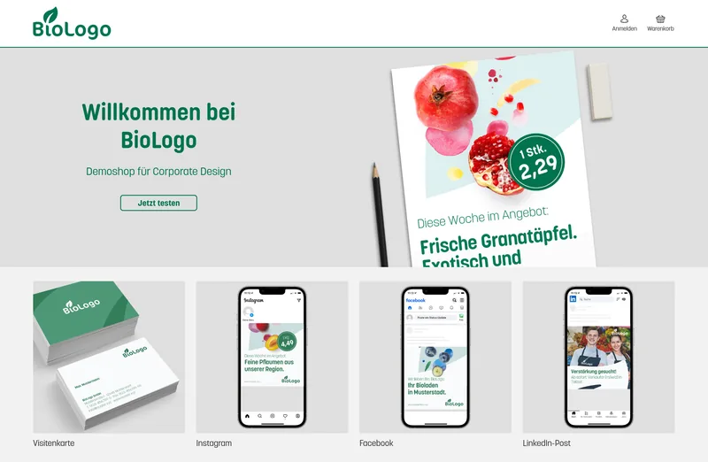 Startseite eines Visiflex-Shops mit Produkten wie Visitenkarte, Instagram-, Facebook- und LinkedIn-Post