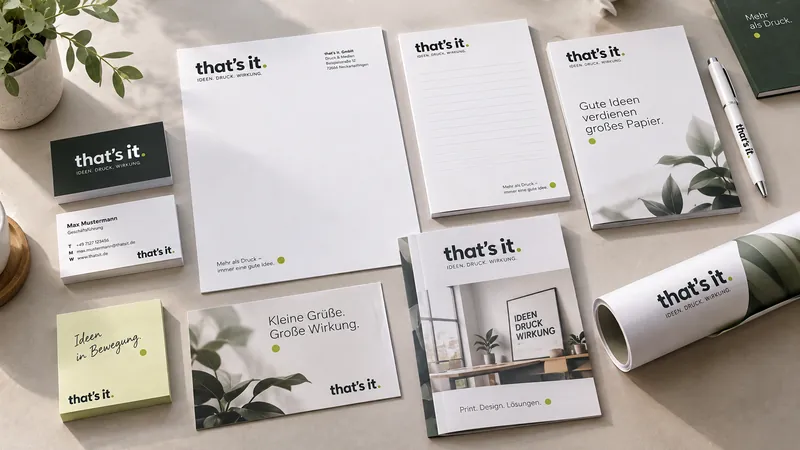 Geschäftsausstattung von that's it: Visitenkarten, Briefbogen, Notizblock, Broschüre und Poster